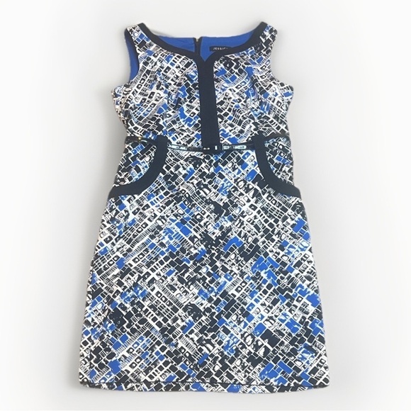 Jessica Dresses & Skirts - Jessica Abstract Blue and Black Dress with belt sz 10 Petite